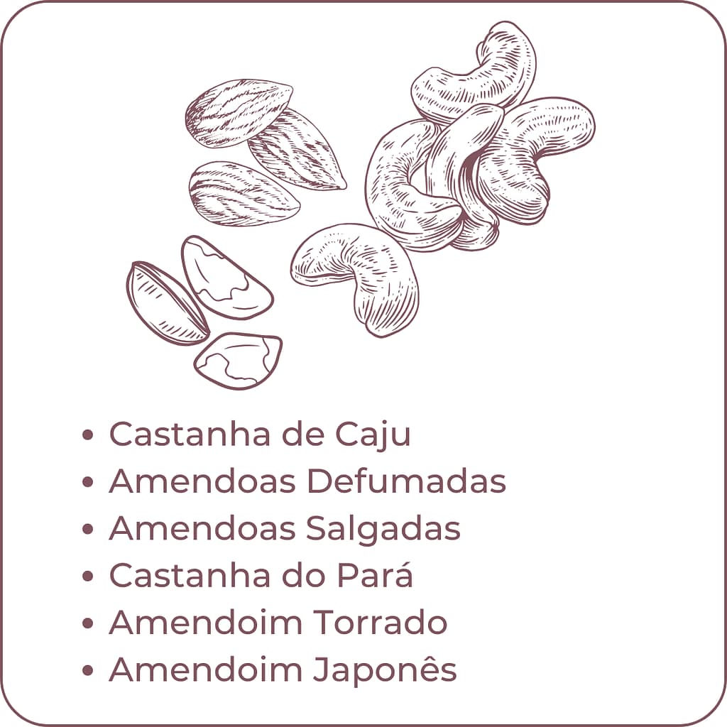 Castanha de Caju
Amendoas Defumadas
Amendoas Salgadas
Castanha do Pará
Amendoim Torrado
Amendoim Japonês